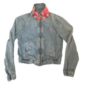 Polo by Ralph Lauren Denim Baracuda Jacket with Pink Logo Plaid Preppy Y 10-12